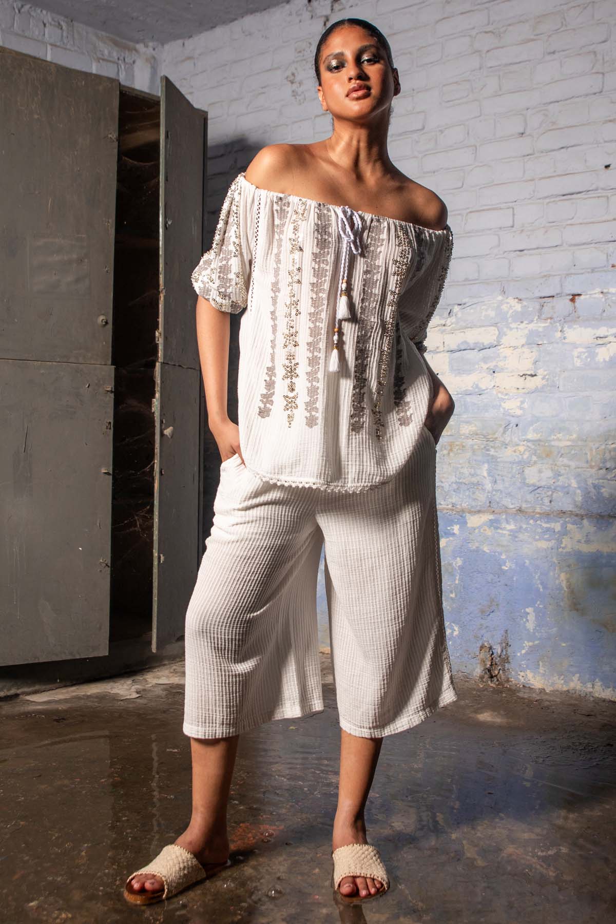 Buy White Wide Leg Culotte Pants By Beachbum Online